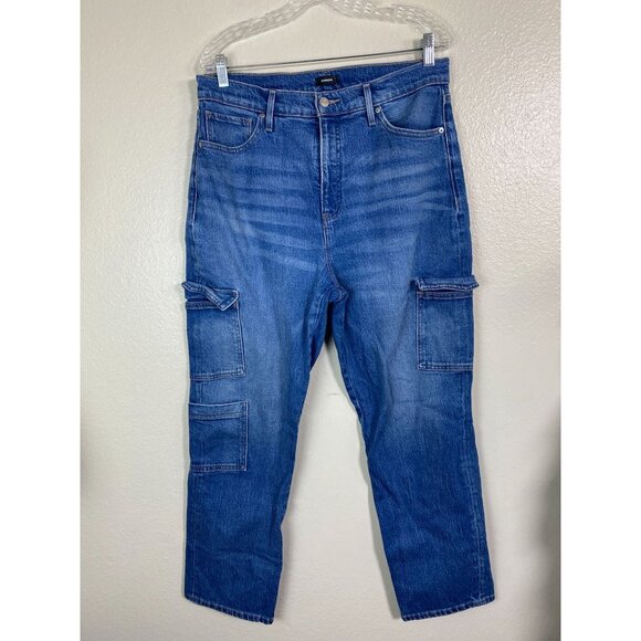 Express Women's Blue Straight Ankle Cargo Jeans Size 12 Long Y2K 90s Utility - Picture 16 of 16